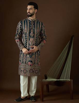 Men’s teal georgette kurta with solid sequins embroidered | trendy ethnic wear for festive, wedding & party occasions 1