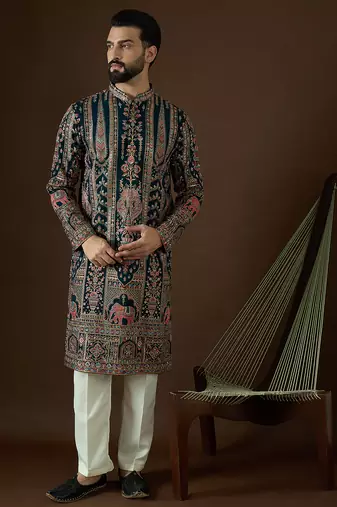 Men’s teal georgette kurta with solid sequins embroidered | trendy ethnic wear for festive, wedding & party occasions