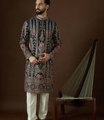 Men’s teal georgette kurta with solid sequins embroidered | trendy ethnic wear for festive, wedding & party occasions