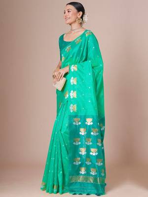 Turquoise woven design festive saree with matching blouse 2