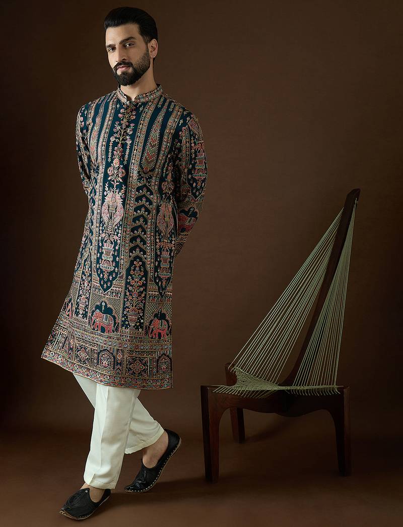 Men’s teal georgette kurta with solid sequins embroidered | trendy ethnic wear for festive, wedding & party occasions