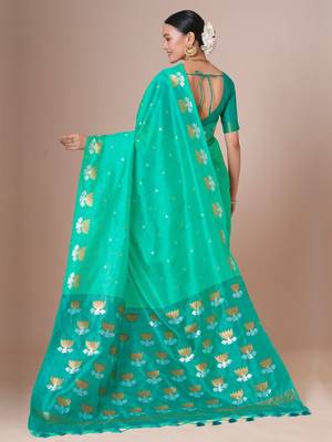 Turquoise woven design festive saree with matching blouse 3