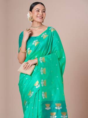 Turquoise woven design festive saree with matching blouse 4