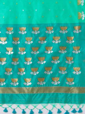 Turquoise woven design festive saree with matching blouse 5