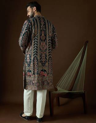 Men’s teal georgette kurta with solid sequins embroidered | trendy ethnic wear for festive, wedding & party occasions 4