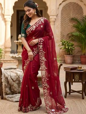 Maroon ethnic motifs embroidered pure georgette saree 1