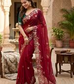 Maroon ethnic motifs embroidered pure georgette saree