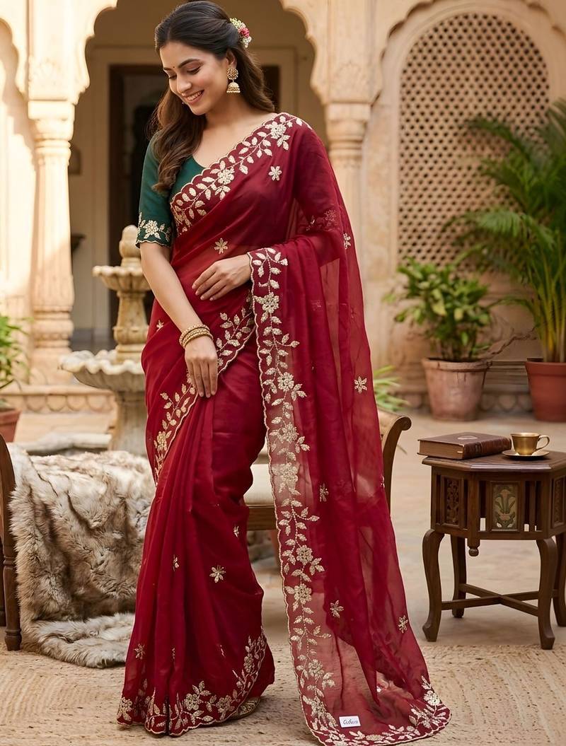 Maroon ethnic motifs embroidered pure georgette saree