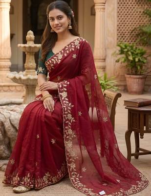 Maroon ethnic motifs embroidered pure georgette saree 2