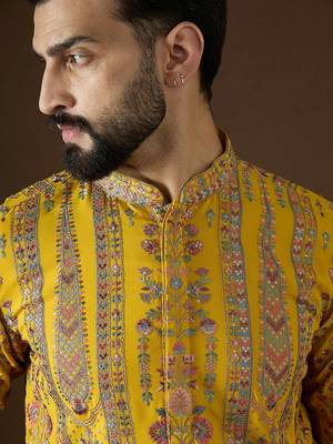 Men’s yellow georgette kurta with solid sequins embroidered | trendy ethnic wear for festive, wedding & party occasions 2