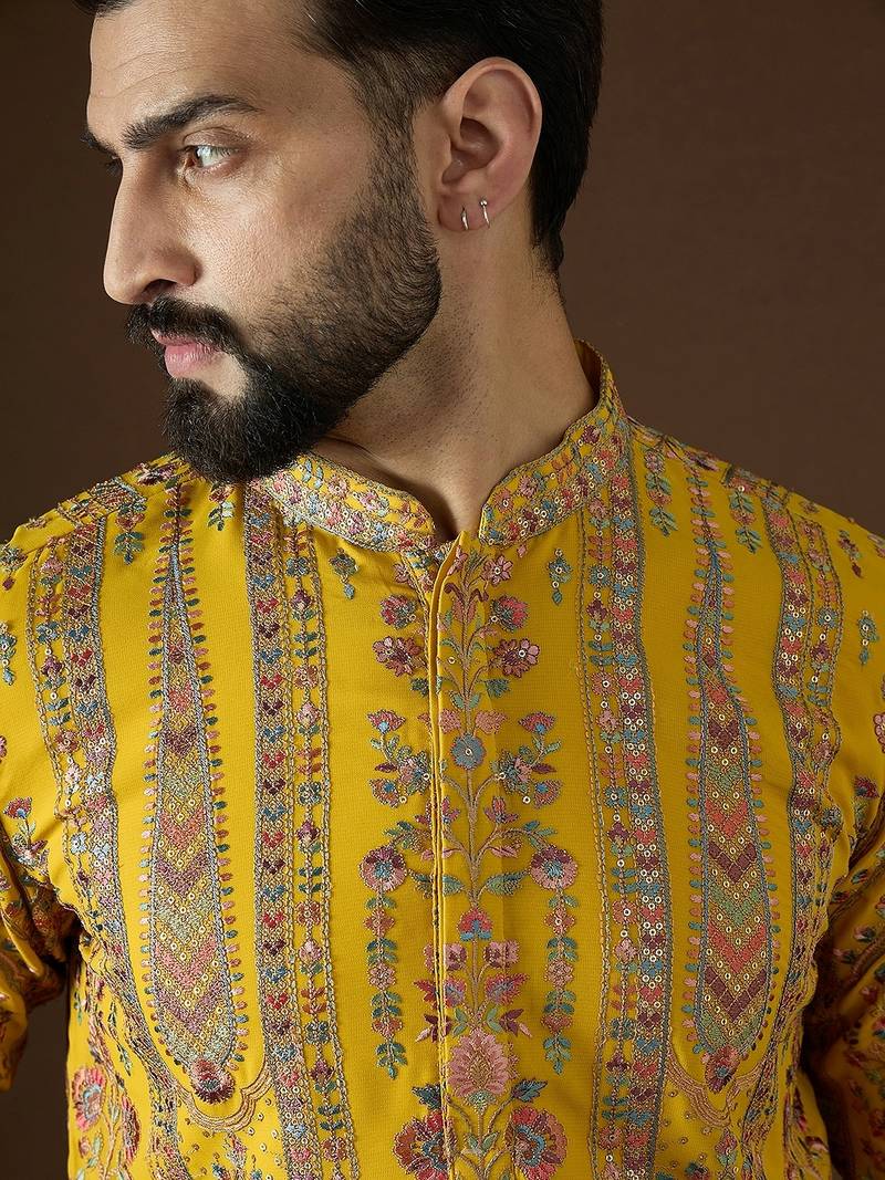 Men’s yellow georgette kurta with solid sequins embroidered | trendy ethnic wear for festive, wedding & party occasions