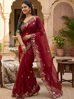 Maroon ethnic motifs embroidered pure georgette saree 3