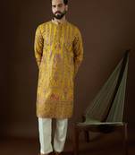 Men’s yellow georgette kurta with solid sequins embroidered | trendy ethnic wear for festive, wedding & party occasions