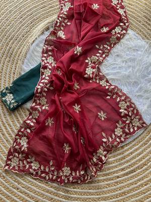 Maroon ethnic motifs embroidered pure georgette saree 4