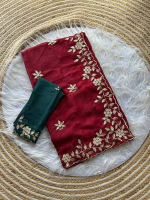 Maroon ethnic motifs embroidered pure georgette saree 5
