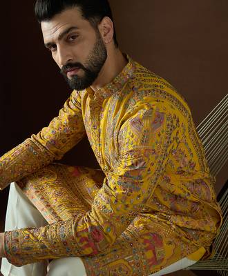 Men’s yellow georgette kurta with solid sequins embroidered | trendy ethnic wear for festive, wedding & party occasions 3