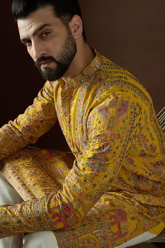 Men’s yellow georgette kurta with solid sequins embroidered | trendy ethnic wear for festive, wedding & party occasions