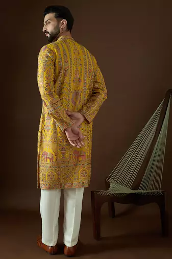 Men’s yellow georgette kurta with solid sequins embroidered | trendy ethnic wear for festive, wedding & party occasions