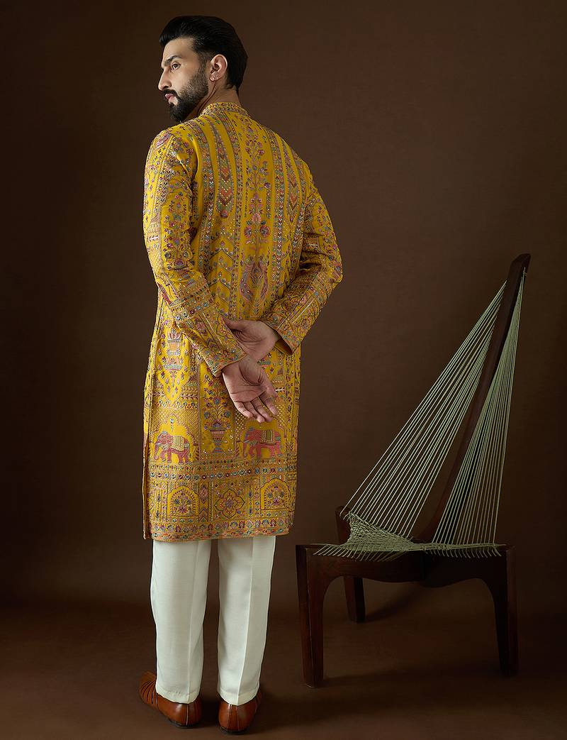 Men’s yellow georgette kurta with solid sequins embroidered | trendy ethnic wear for festive, wedding & party occasions