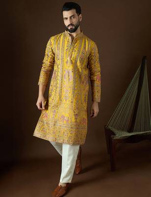 Men’s yellow georgette kurta with solid sequins embroidered | trendy ethnic wear for festive, wedding & party occasions 5