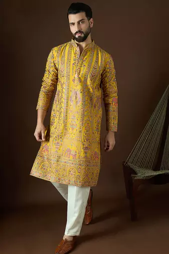 Men’s yellow georgette kurta with solid sequins embroidered | trendy ethnic wear for festive, wedding & party occasions
