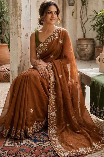 Brown ethnic motifs embroidered pure georgette saree