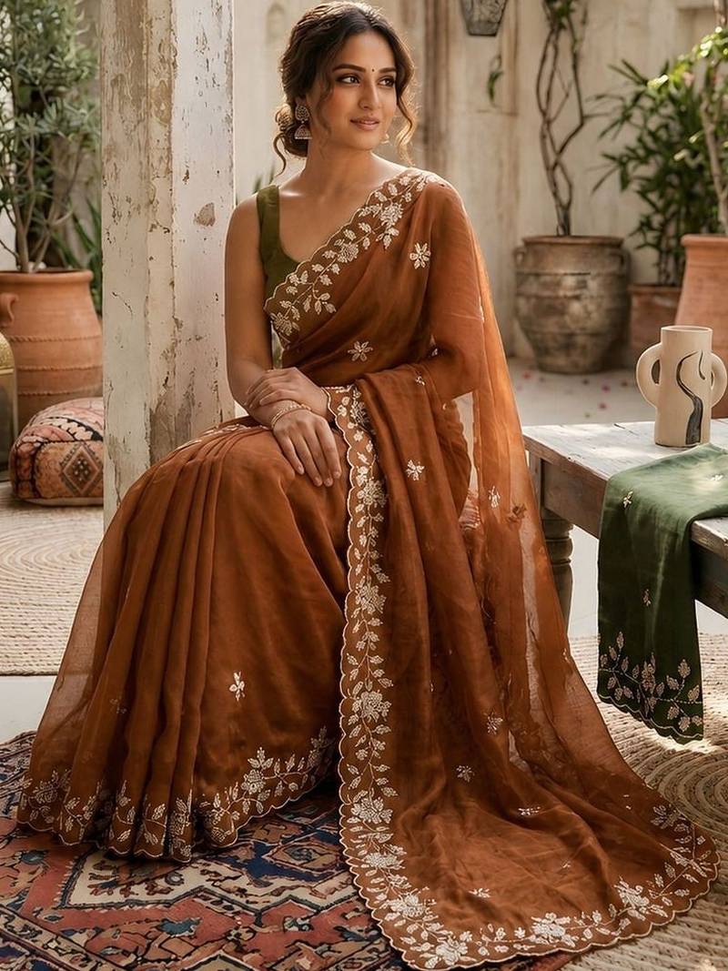 Brown ethnic motifs embroidered pure georgette saree