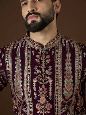 Men’s purple georgette kurta with solid sequins embroidered | trendy ethnic wear for festive, wedding & party occasions 1