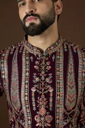 Men’s purple georgette kurta with solid sequins embroidered | trendy ethnic wear for festive, wedding & party occasions