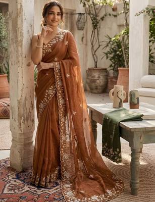 Brown ethnic motifs embroidered pure georgette saree 2