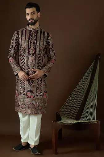 Men’s purple georgette kurta with solid sequins embroidered | trendy ethnic wear for festive, wedding & party occasions