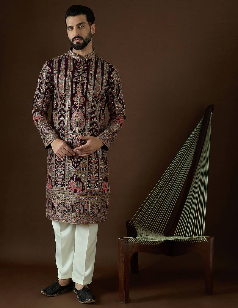 Men’s purple georgette kurta with solid sequins embroidered | trendy ethnic wear for festive, wedding & party occasions
