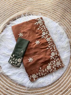 Brown ethnic motifs embroidered pure georgette saree 3