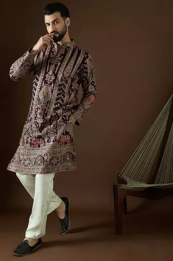 Men’s purple georgette kurta with solid sequins embroidered | trendy ethnic wear for festive, wedding & party occasions