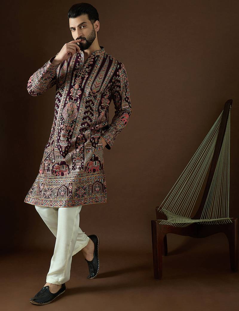 Men’s purple georgette kurta with solid sequins embroidered | trendy ethnic wear for festive, wedding & party occasions