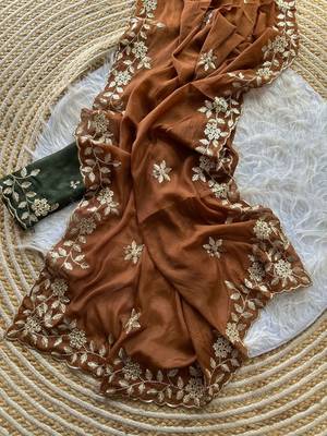Brown ethnic motifs embroidered pure georgette saree 4