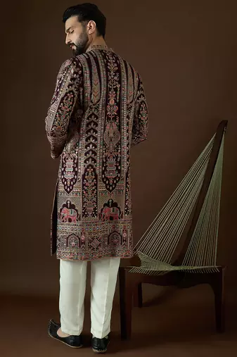Men’s purple georgette kurta with solid sequins embroidered | trendy ethnic wear for festive, wedding & party occasions