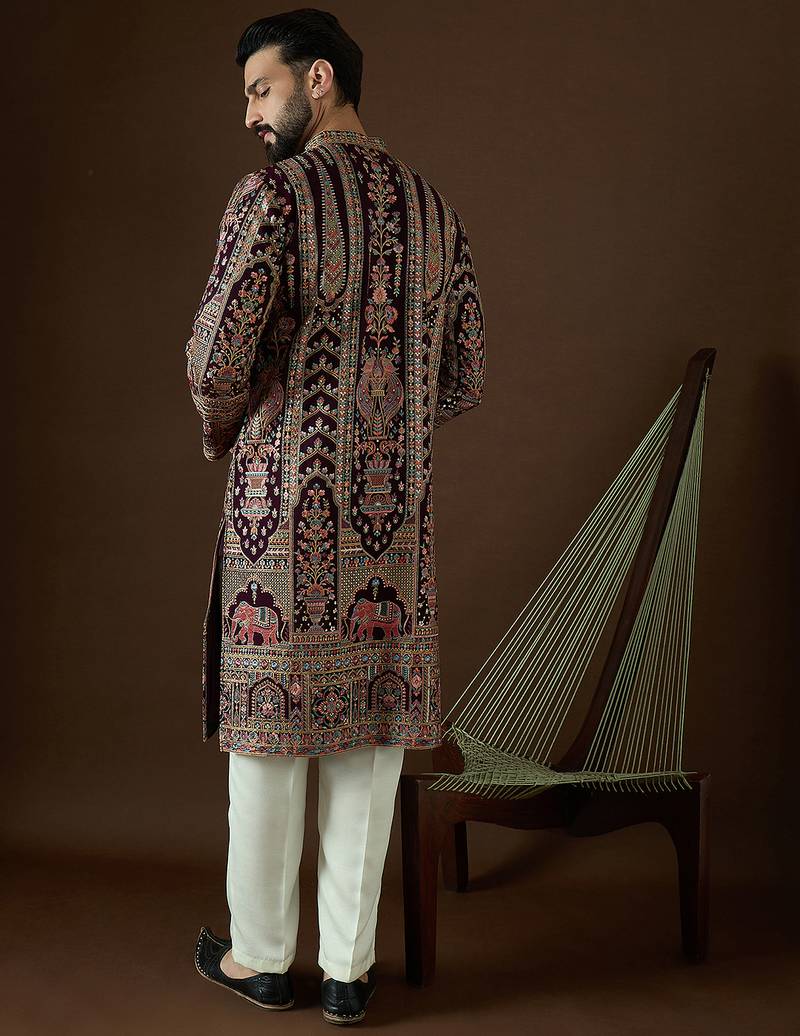Men’s purple georgette kurta with solid sequins embroidered | trendy ethnic wear for festive, wedding & party occasions