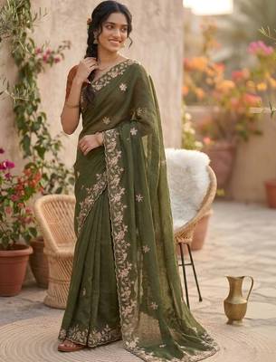 Olive ethnic motifs embroidered pure georgette saree 1