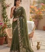 Olive ethnic motifs embroidered pure georgette saree