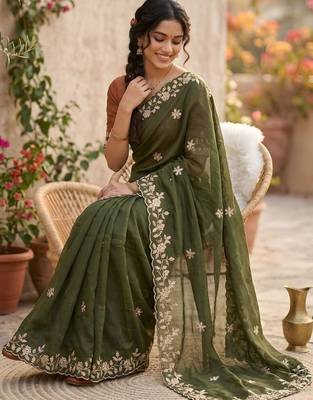 Olive ethnic motifs embroidered pure georgette saree 2