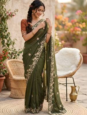 Olive ethnic motifs embroidered pure georgette saree 3