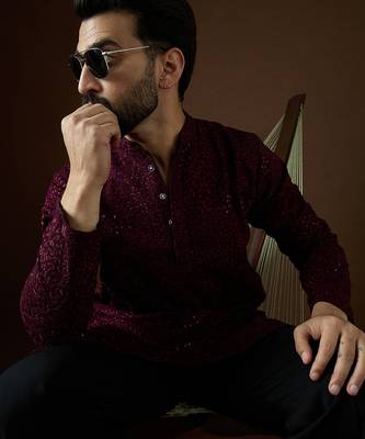 Men’s purple georgette kurta with solid sequins embroidered | trendy ethnic wear for festive, wedding & party occasions 1