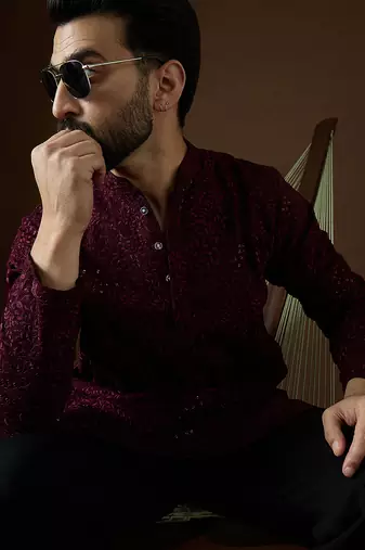 Men’s purple georgette kurta with solid sequins embroidered | trendy ethnic wear for festive, wedding & party occasions