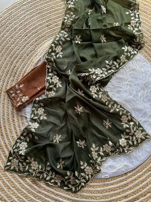 Olive ethnic motifs embroidered pure georgette saree 4