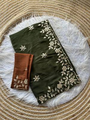 Olive ethnic motifs embroidered pure georgette saree 5