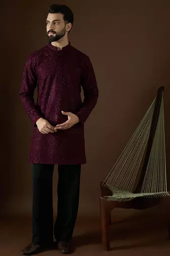 Men’s purple georgette kurta with solid sequins embroidered | trendy ethnic wear for festive, wedding & party occasions