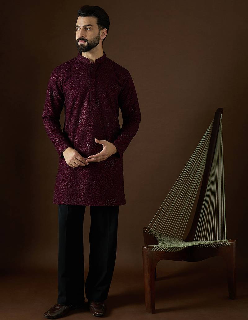 Men’s purple georgette kurta with solid sequins embroidered | trendy ethnic wear for festive, wedding & party occasions