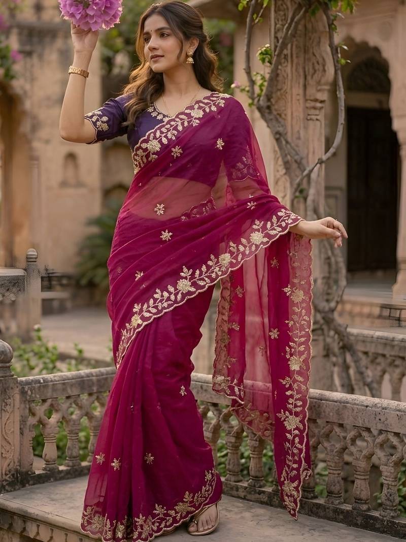 Magenta ethnic motifs zari pure georgette saree