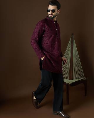 Men’s purple georgette kurta with solid sequins embroidered | trendy ethnic wear for festive, wedding & party occasions 3
